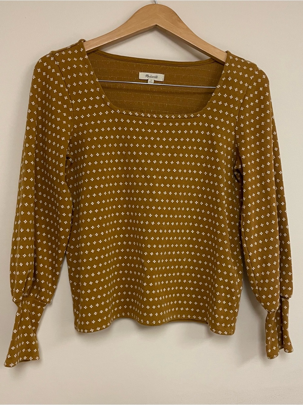 Madewell Floral Jacquard Square Neck Top Golden Ochre Yellow Long Sleeve Small